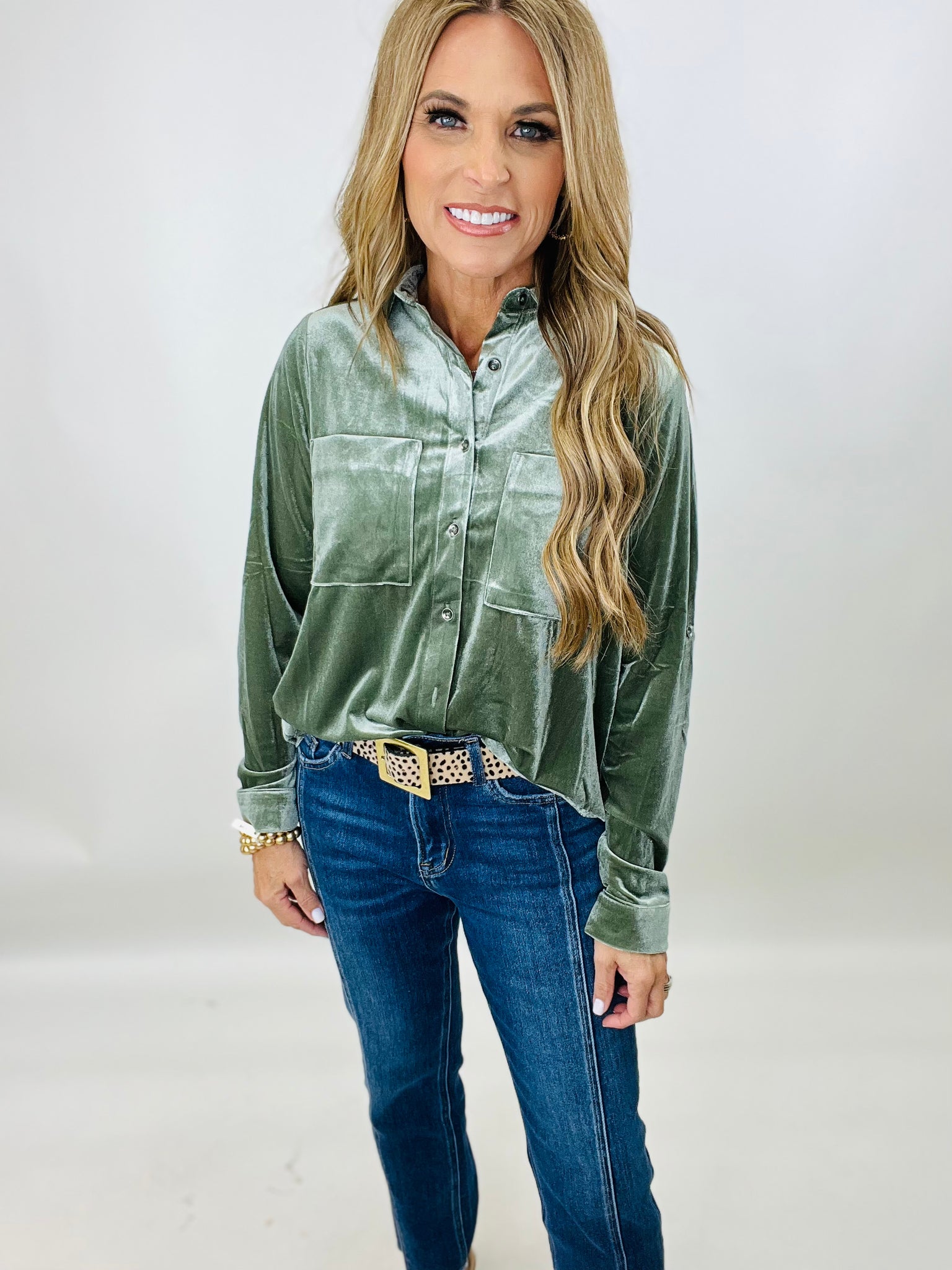 FOUND A PEARL VELVET TOP --OLIVE